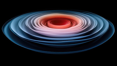 Layers of concentric wave lines in gradient colors on a black background, forming an abstract and hypnotic visual effectの素材