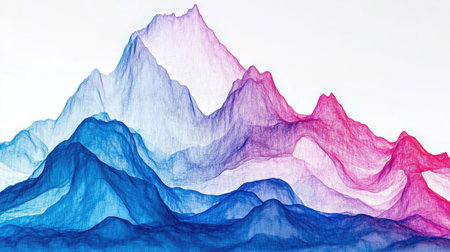 Layered mountain-shaped graphs in semi-transparent colors, creating depth and showcasing data trends over timeの素材