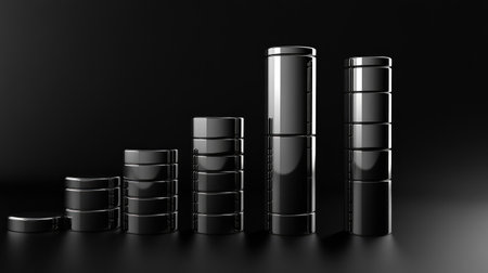 Stacked bar graphs with glossy metallic bars in various heights on a black background, symbolizing revenue and financial performanceの素材