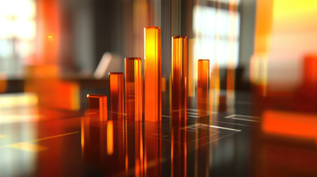 An animated D bar chart showing sales growth over time, with bars rising dramatically, complemented by a blurred background of a business meeting in progress.の素材
