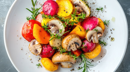 An artistic arrangement of colorful mushrooms on a white plate, garnished with fresh herbs, capturing the essence of gourmet cookingの素材