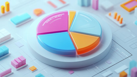 A D pie chart floating above a digital interface, with segments rotating and percentages displayed in real-time, representing business analytics and data visualization.の素材