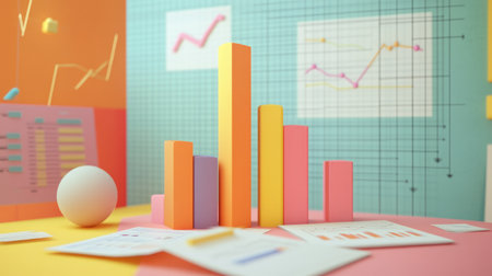An animated presentation of a D bar chart rising dynamically, illustrating the growth of sales over several quarters, set against a sleek corporate backdrop with graphs and data sheets.の素材