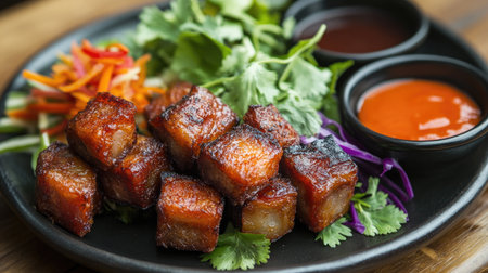 An artistic arrangement of deep-fried pork belly served with a colorful salad, vibrant dipping sauces, and fresh herbs, creating an appetizing displayの素材