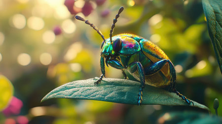 A beautiful close-up of a colorful beetle perched on a leaf, showcasing its iridescent colors and fine details, set against a blurred garden backdrop.の素材