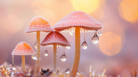An artistic composition of mushrooms growing in a misty environment, with water droplets hanging from their caps, creating a magical, ethereal atmosphereの素材