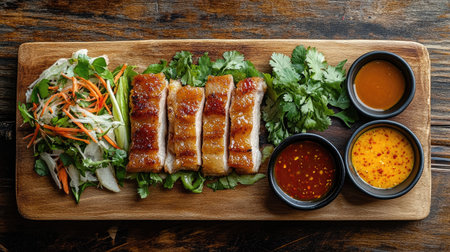 An artistic arrangement of deep-fried pork belly served with a colorful salad, vibrant dipping sauces, and fresh herbs, creating an appetizing displayの素材