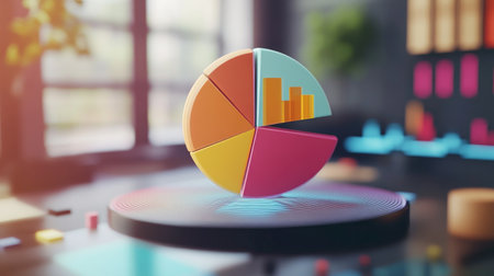 A D pie chart floating above a digital interface, with segments rotating and percentages displayed in real-time, representing business analytics and data visualization.の素材