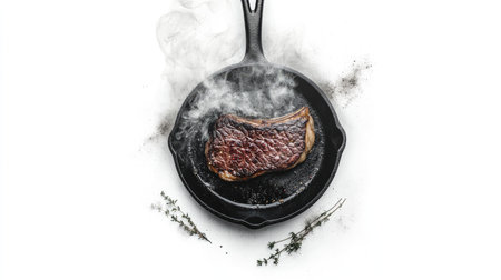 An artistic shot of a steak sizzling in a cast-iron skillet, with a light smoke rising and a few sprigs of thyme, capturing the essence of cooking steak, set against a minimalist white background.の素材
