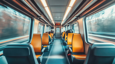 An interior view of a modern high-speed train with spacious seating, large windows, and passengers enjoying the journey, highlighting comfort and technology in travel.の素材