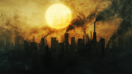 An image of a city skyline shrouded in smog and pollution, with a glaring sun overhead, depicting the urban impact of climate change and the need for cleaner energy sources.の素材