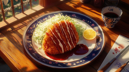 A beautifully arranged plate of crispy tonkatsu served with shredded cabbage, drizzled with tangy tonkatsu sauce, and garnished with a slice of lemon, all on a traditional Japanese table setting.の素材