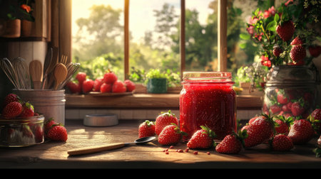 A beautiful jar of homemade strawberry jam sitting on a rustic kitchen counter, surrounded by fresh strawberries and baking utensils, evoking a cozy atmosphereの素材