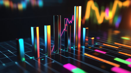 A D bar chart with metallic bars rising from the ground, set against a dark background with neon-colored data lines and futuristic graphs representing business growth.の素材