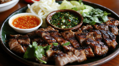 A beautifully plated dish of grilled pork and vegetables, with dipping sauces and fresh herbs arranged artfully, highlighting the colors and flavors of this popular Thai dining experience.の素材