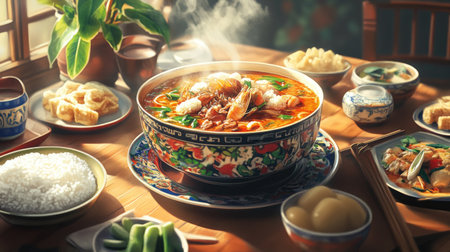 An inviting dining scene with a steaming bowl of  in the center, surrounded by side dishes and rice, capturing the essence of a traditional Thai meal with family.の素材