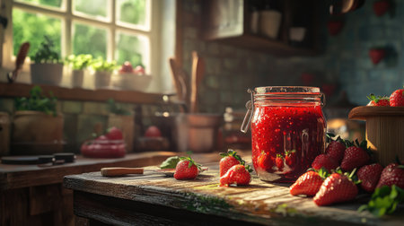 A beautiful jar of homemade strawberry jam sitting on a rustic kitchen counter, surrounded by fresh strawberries and baking utensils, evoking a cozy atmosphereの素材