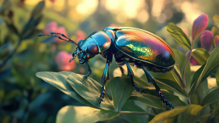A beautiful close-up of a colorful beetle perched on a leaf, showcasing its iridescent colors and fine details, set against a blurred garden backdrop.の素材