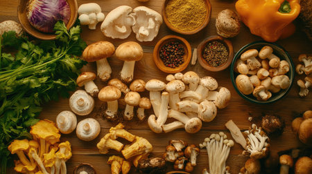 A beautiful overhead shot of a rustic wooden table filled with different types of mushrooms, spices, and fresh vegetables, ready for cookingの素材