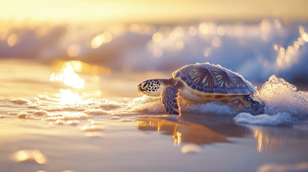 A captivating shot of a sea turtle emerging from the waves onto the beach, droplets of water glistening on its shell as it prepares to lay eggs in a safe spot.の素材