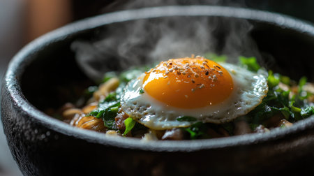 A close-up of a steaming bowl of , highlighting the glossy fried egg yolk that perfectly complements the spicy basil stir-fry, capturing the essence of Thai comfort food.の素材