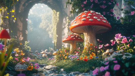 A colorful scene of mushrooms growing in a fairy-tale-like garden, with flowers and greenery surrounding them, creating a whimsical atmosphereの素材