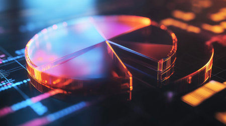 A close-up view of a D pie chart with slices made of translucent material, showcasing data on sales performance, highlighted by dynamic lighting effects.の素材