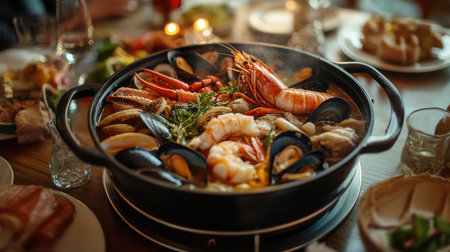 A close-up shot of a bubbling hot pot filled with assorted seafood, vegetables, and spices, set on a dining table, inviting guests to share a delicious meal together.の素材