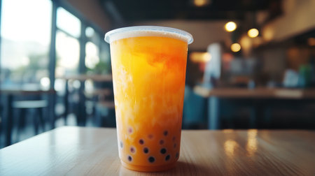 A close-up shot of a tall cup of bubble tea on a wooden table, showcasing the layers of tea, milk, and tapioca pearls, with condensation adding to its refreshing appeal.の素材