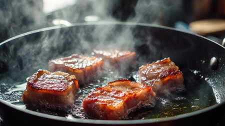 A dramatic shot of deep-fried pork belly being lifted from the frying pan, with steam rising and oil glistening, showcasing its irresistible appealの素材