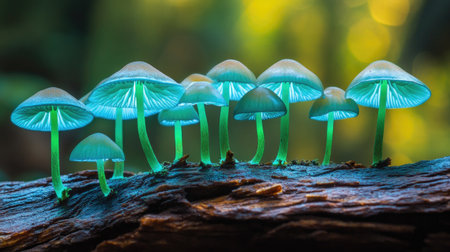 A close-up shot of luminescent mushrooms sprouting from a decaying log, their vibrant greenish-blue glow contrasting with the rich brown of the wood and forest background.の素材
