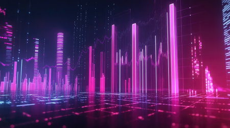 A digital D financial chart with glowing bars and line graphs, hovering above a virtual platform, symbolizing cutting-edge data analysis in the financial industry.の素材
