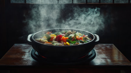 A dramatic image of a steaming hot pot filled with rich broth and colorful ingredients, set against a dark wooden table for an intimate dining atmosphere.の素材