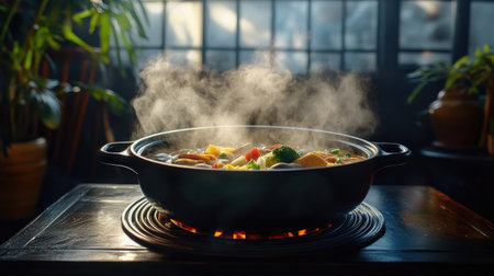 A dramatic image of a steaming hot pot filled with rich broth and colorful ingredients, set against a dark wooden table for an intimate dining atmosphere.の素材