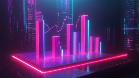 A digital D financial chart with glowing bars and line graphs, hovering above a virtual platform, symbolizing cutting-edge data analysis in the financial industry.の素材