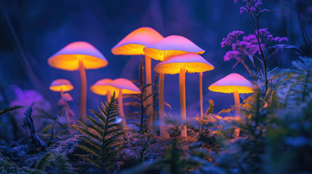 A dreamy scene of bioluminescent mushrooms glowing in the twilight, surrounded by ferns and wildflowers, capturing the beauty of nature's hidden wonders.の素材