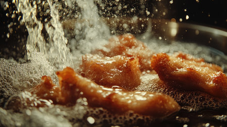 A dynamic shot of crispy pork belly being fried in hot oil, with bubbles and steam creating an enticing atmosphere in a professional kitchen.の素材