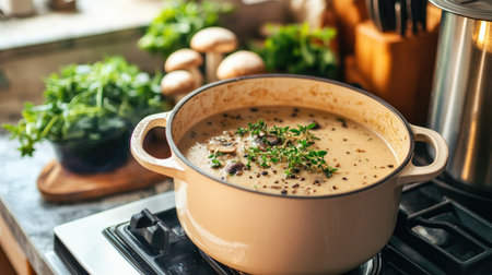 A cozy kitchen scene with a pot of mushroom soup simmering on the stove, with fresh herbs and mushrooms beautifully arranged in the backgroundの素材