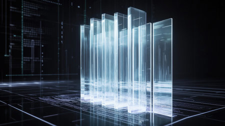 A futuristic D bar chart with transparent, glass-like bars, standing against a digital interface filled with data streams and analytics, symbolizing cutting-edge business insights.の素材