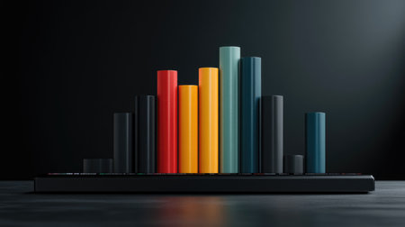 A dynamic D bar chart with colorful bars rising from a flat surface, representing financial data trends, set against a modern digital dashboard interface.の素材