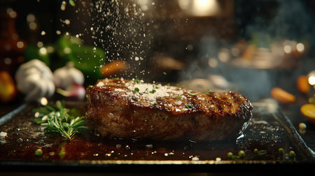A dynamic shot of a chef seasoning a juicy steak with salt and pepper before grilling, with vibrant ingredients like garlic and herbs in the background, emphasizing the cooking process.の素材
