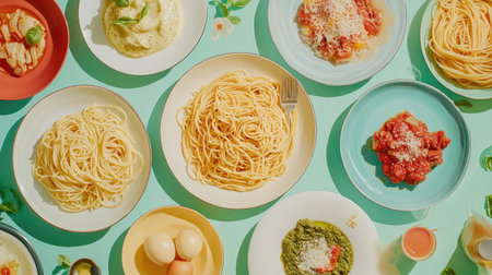 A creative flat lay of various spaghetti dishes, including pesto, carbonara, and bolognese, arranged artistically on plates with colorful ingredients around, showcasing the diversity of flavors.の素材
