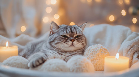 A fluffy Scottish Fold cat relaxing in a warm bath, surrounded by soft toys and scented candles, creating a cozy and relaxing atmosphereの素材