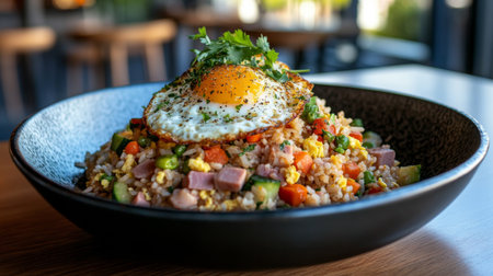 A vibrant bowl of fried rice topped with a perfectly cooked egg and fresh vegetables. This delicious meal combines flavors and textures for a satisfying experience.の素材
