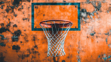 A vintage basketball hoop with a chain-link net against a grungy, urban wall, capturing a street-style aesthetic and the raw spirit of the gameの素材