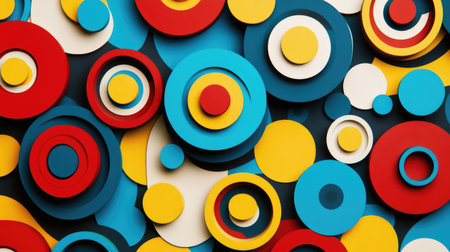 A vibrant, energy-filled abstract background with overlapping circles in bold colors like red, blue, and yellow, creating a playful and lively atmosphere for creative projectsの素材