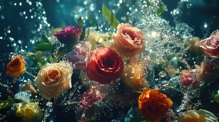 A vivid image of flowers surrounded by a sparkling sheen of water droplets, creating a sense of freshness and vitality, perfect for capturing nature's eleganceの素材