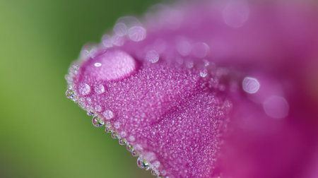A vibrant close-up of a bright flower petal glistening with fresh water droplets, highlighting its delicate texture against a blurred green backgroundの素材
