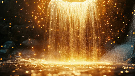 Golden fireworks resembling a waterfall effect, cascading down in shimmering streams and illuminating the scene with warm lightの素材