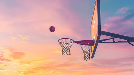 The silhouette of a basketball hoop with a ball mid-air, about to enter the net, against a colorful sunset sky, capturing a peaceful momentの素材